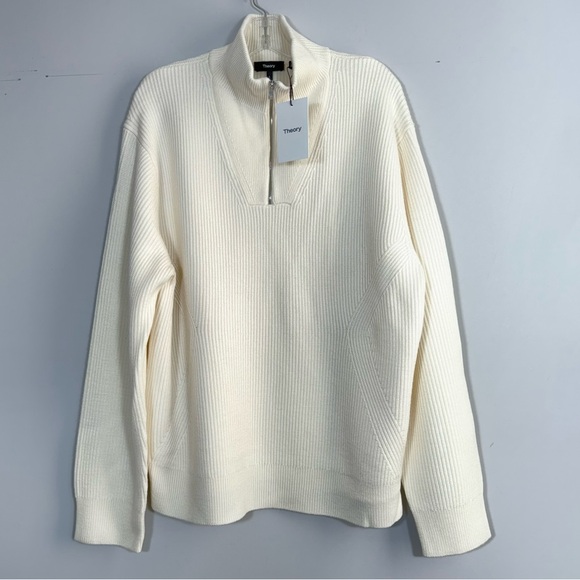 NWT Theory Lamar Oversize Quarter Zip Wool Sweater Stone White Men’s L Ribbed - Picture 6 of 16